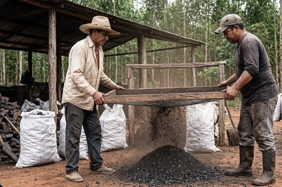 Dos trabajadores cerniendo carbón vegetal con malla de madera, eucaliptal al fondo