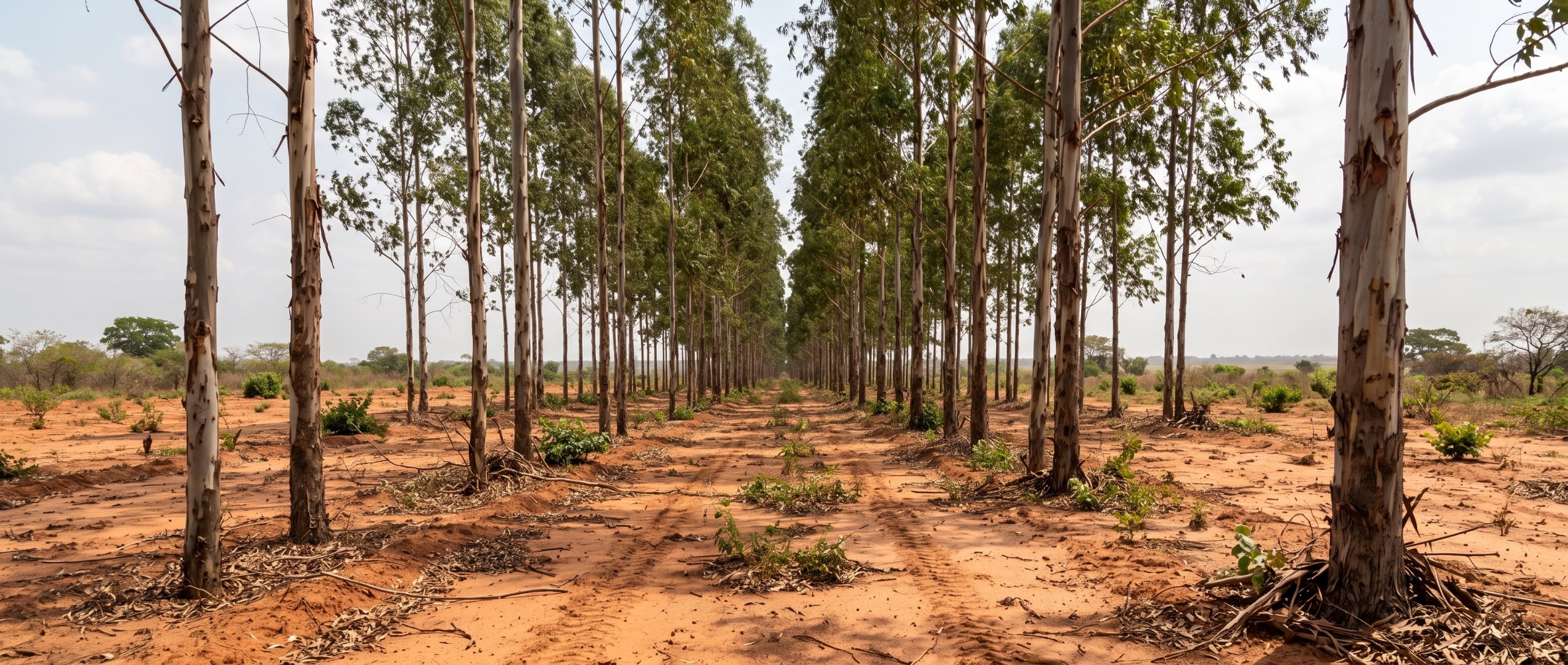 Hileras de eucaliptos en plantación, tierra roja entre los surcos